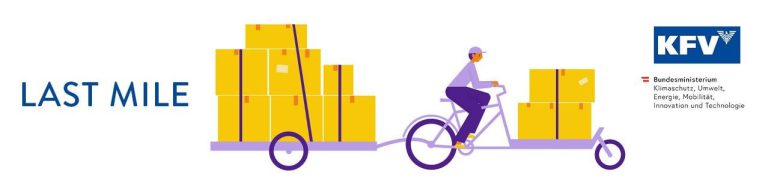 Fahrradfahrer mit Lastenrad transportiert Pakete zur effizienten Zustellung auf der „letzten Meile“.