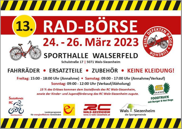 Radtauschbörse Wals: Fahrräder, Ersatzteile und Zubehör vom 24. bis 26. März 2023.
