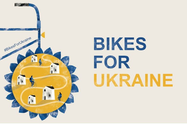 Bilder von Radfahrern auf einem gelben Weg zur Unterstützung von "Bikes for Ukraine".