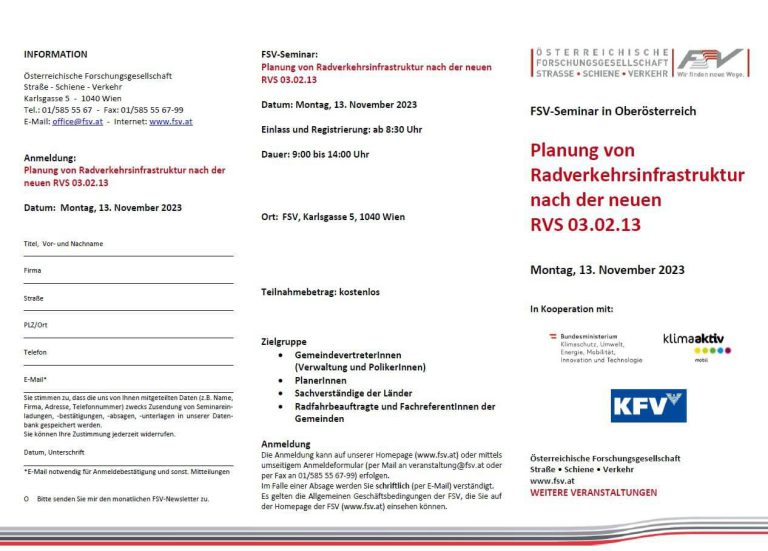 FSV-Seminar zur Planung von Radverkehrsinfrastruktur nach RVS 03.02.13, 13. November 2023.