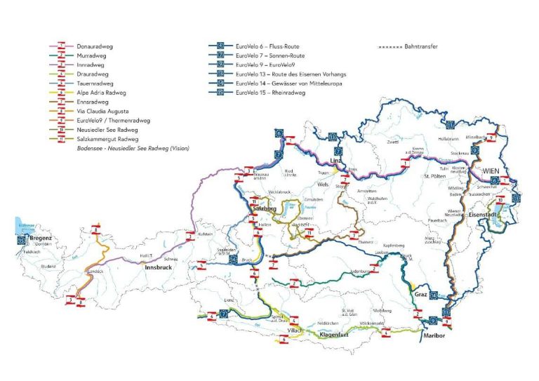 Karte der EuroVelo-Radrouten in Österreich mit regionalen Radwegen und Verbindungen.