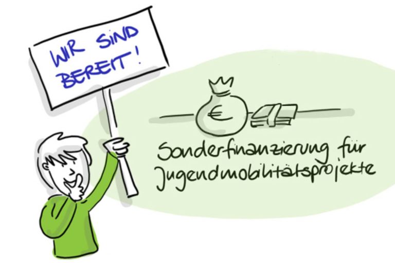 Junge Person mit Plakat über Sonderfinanzierung für Jugendmobilitätsprojekte.