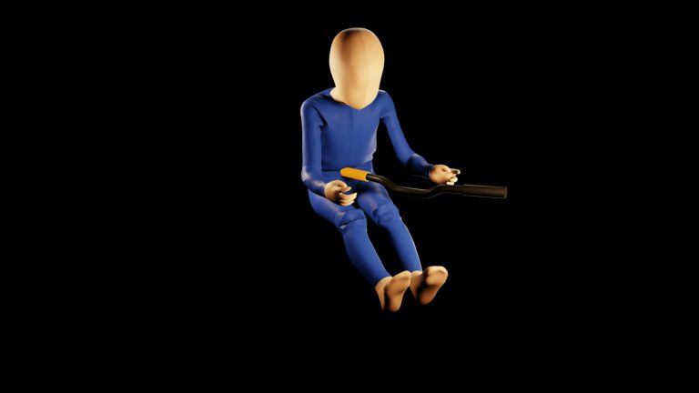 Sitzende Modellfigur hält Lenkergriff, symbolisiert Verkehrssicherheit für Kinderräder.