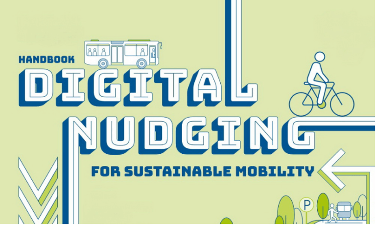 Handbuch „Digital Nudging für nachhaltige Mobilität“ mit Grafiken zu umweltfreundlicher Mobilität.