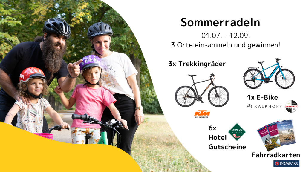 Familie mit Fahrrädern und Helmen, Gewinnspielpreise wie Trekkingräder und E-Bike