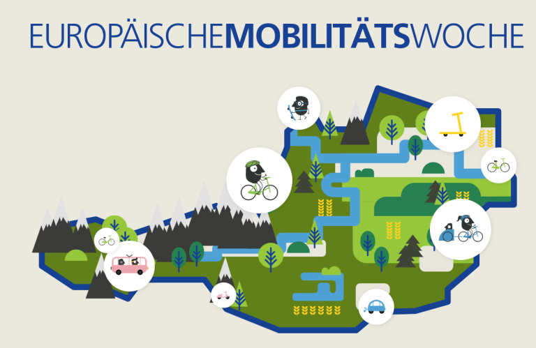 Grafik zur Europäischen Mobilitätswoche mit Fahrrädern, E-Scootern und Landschaftselementen.
