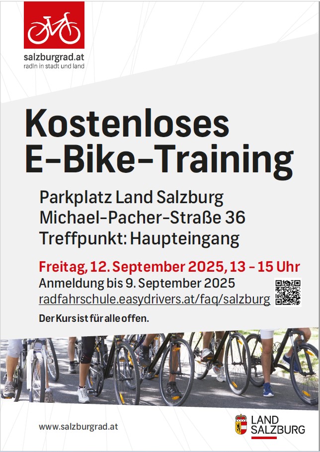 Plakat für kostenloses E-Bike-Training in Salzburg mit Fahrrädern