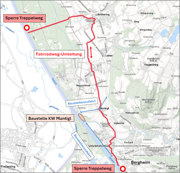 Fahrradweg-Umleitung zwischen Bergheim und Anthering wegen Baustelle am Treppelweg.