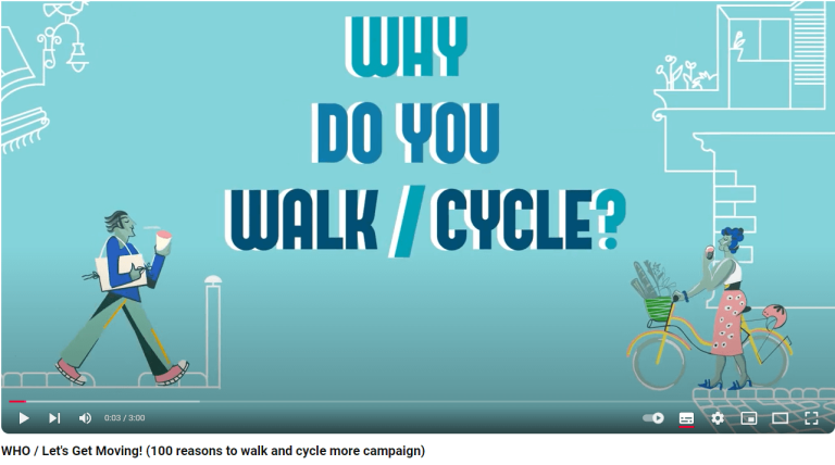 Bunt illustrierte Grafik mit den Fragen: „Why do you walk/cycle?“ und aktivem Mobilitätsaufruf.