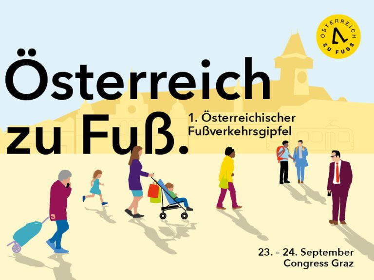 Österreichischer Fußverkehrsgipfel mit Menschen in urbaner Umgebung, 23.-24. September in Graz.