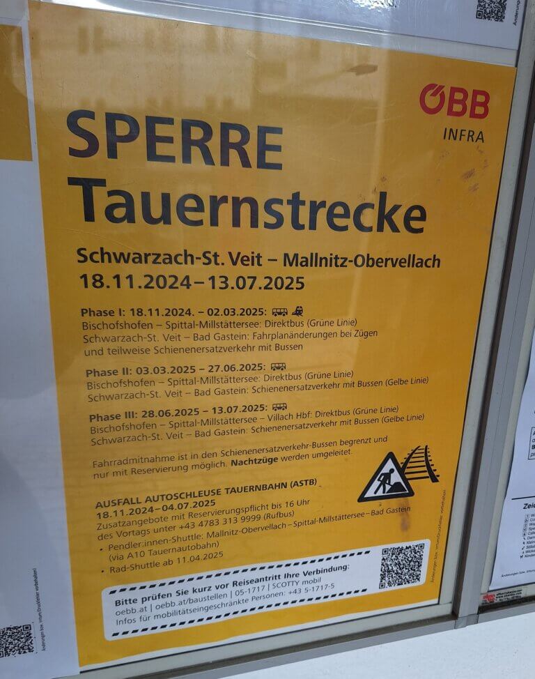 Hinweis zur Sperre der Tauernstrecke und Ersatzverkehr für Busse und Züge.