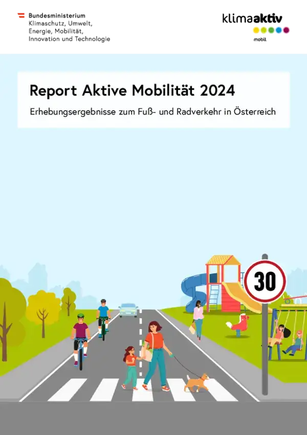 Illustration zu aktivem Verkehr: Radfahrer, Fußgänger und Spielplatz auf einer Tempo-30-Straße.