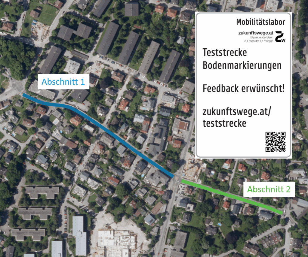 Luftbild mit Teststrecke für Bodenmarkierungen und Feedback in Salzburg Radinfrastruktur