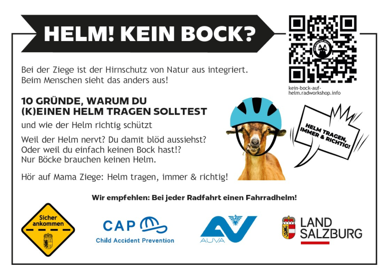 Werbung Helmtragen mit Ziege Fahrradhelm Sicherheit Radfahren Salzburg