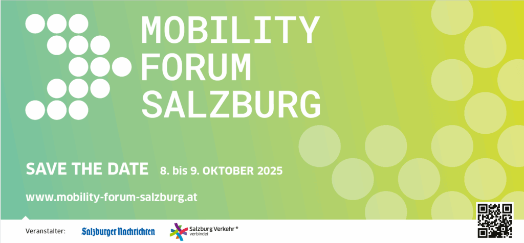 Grünes Plakat Mobility Forum Salzburg 2025 mit Infos zur nachhaltigen Mobilität und Events