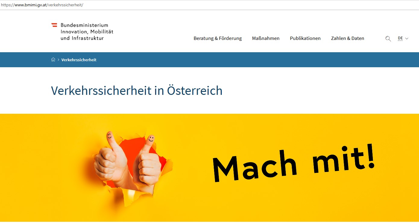 Webseite zur Verkehrssicherheit in Österreich mit gelbem Hintergrund