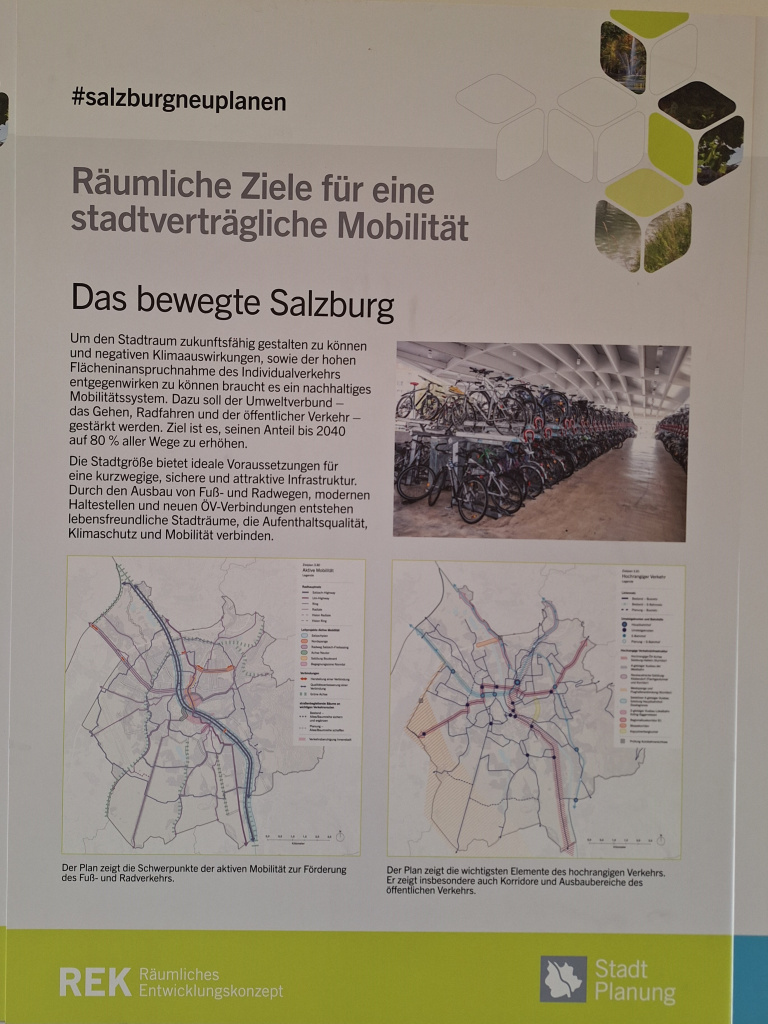 Infotafel zur Stadtplanung Salzburg mit Karten und Fahrrädern