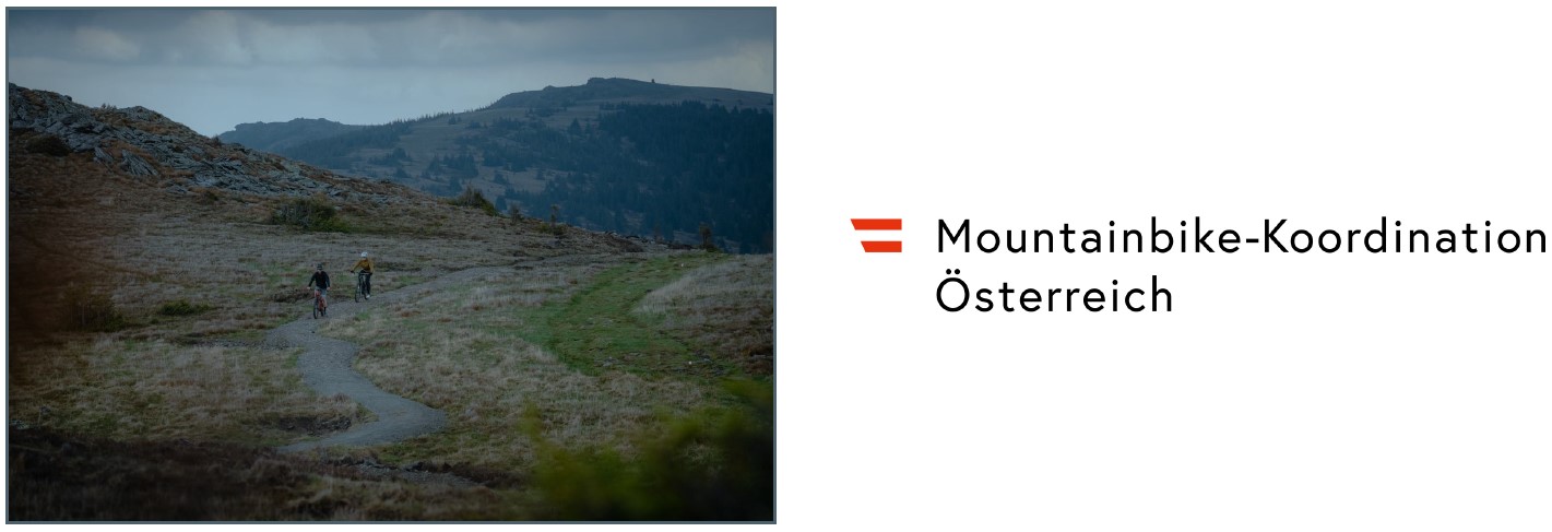 Zwei Radfahrende auf einem kurvigen Bergweg neben Logo mit rot‑weißem Streifen und Text Mountainbike-Koordination Österreich