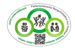 Logo einer parlamentarischen Bürgerinitiative zur Temporeduktion mit QR-Code und Piktogrammen