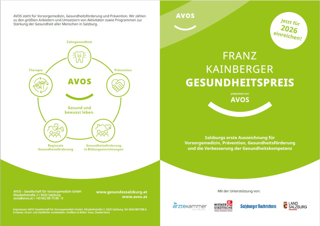 Plakat zum „Franz Kainberger Gesundheitspreis“ 2026 von AVOS mit Hinweis „Jetzt für 2026 einreichen!“