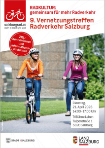 Plakat zum 9. Vernetzungstreffen Radverkehr Salzburg mit zwei Radfahrerinnen und Terminangaben