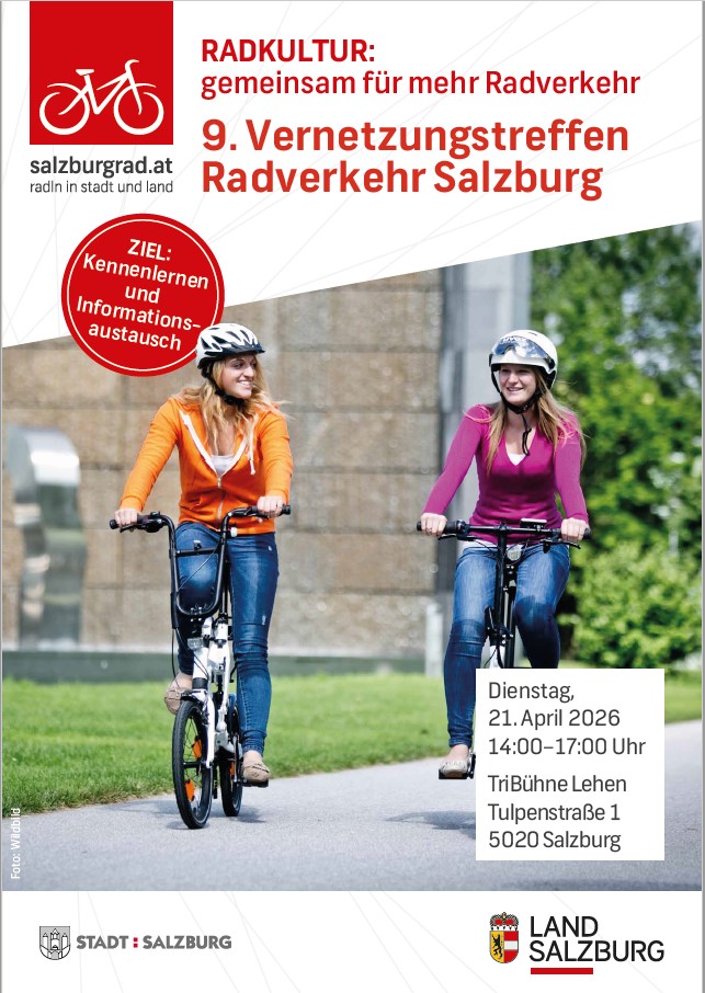 Plakat zum 9. Vernetzungstreffen Radverkehr Salzburg mit zwei Radfahrerinnen und Termindaten