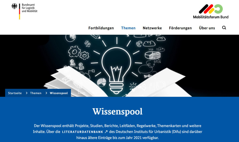 Screenshot der Seite „Wissenspool“ im Mobilitätsforum Bund mit Glühbirnen-Illustration und Navigation