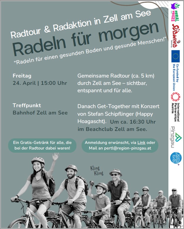 Plakat zur Radtour „Radeln für morgen“ in Zell am See mit Datum, Treffpunkt und Programmhinweisen