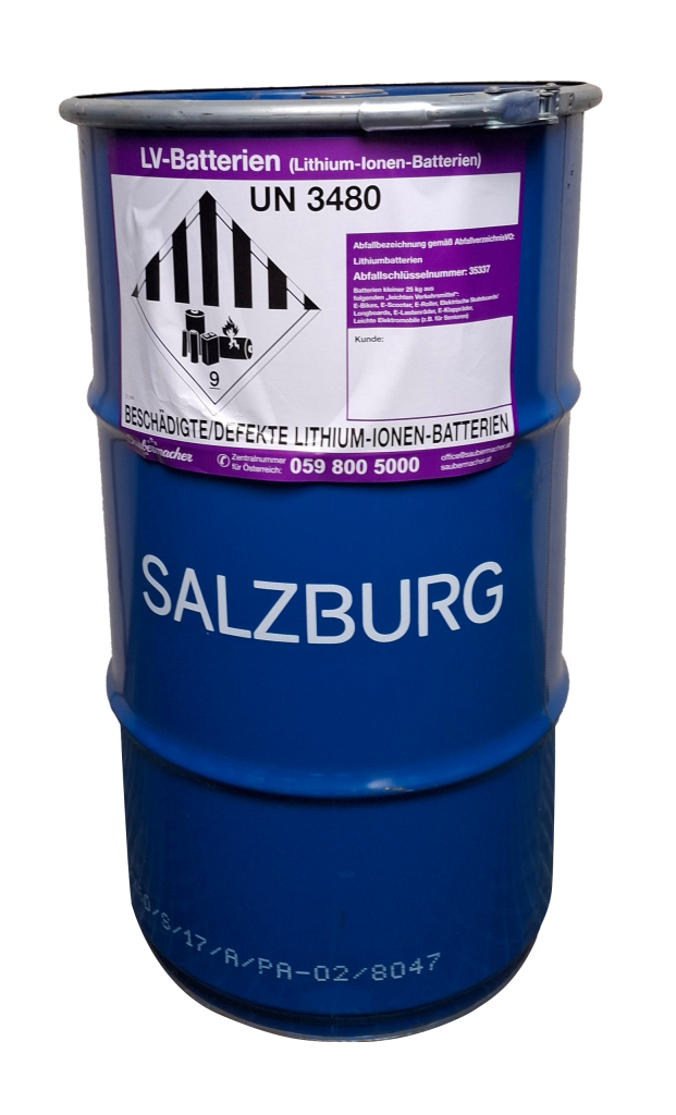 Blauer Sammelbehälter in Salzburg für beschädigte oder defekte Lithium-Ionen-Batterien, beschriftet mit UN 3480