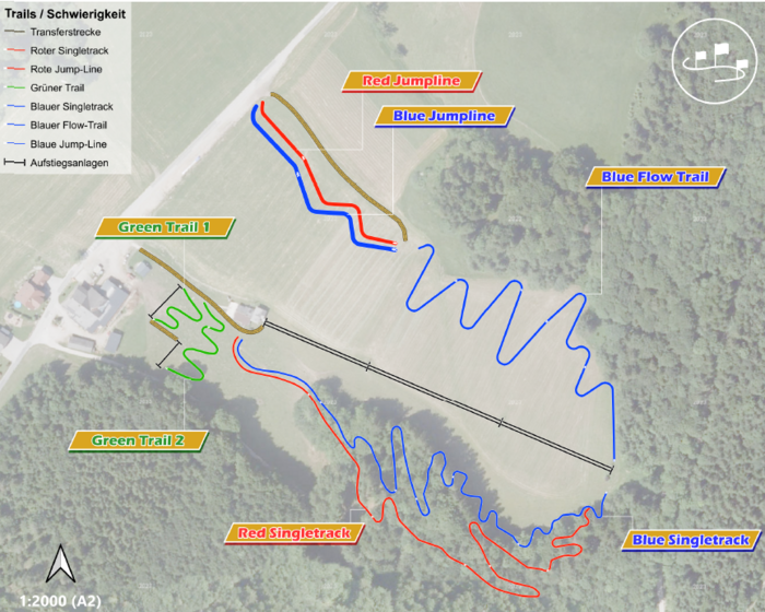 Streckenplan der Trails Faistenau mit farbigen Singletracks, Jump-Lines, Flow-Trail und Aufstiegsanlage