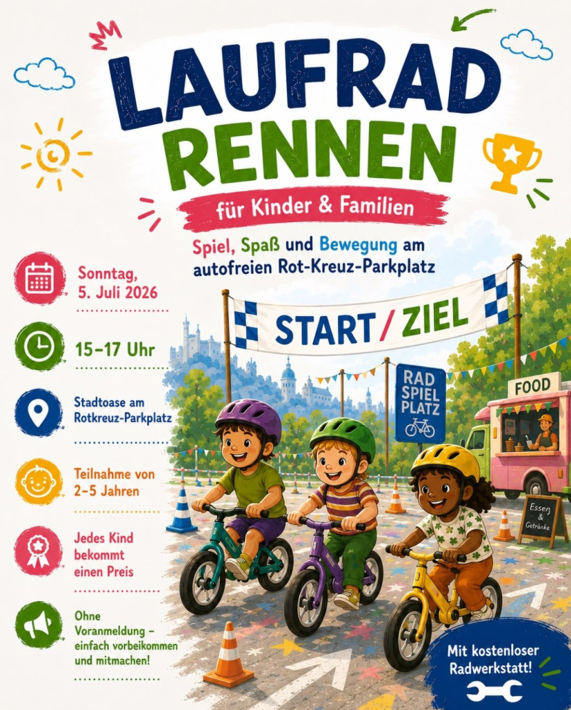 Plakat für ein Laufradrennen für Kinder am Rot-Kreuz-Parkplatz mit drei Kindern auf Laufrädern
