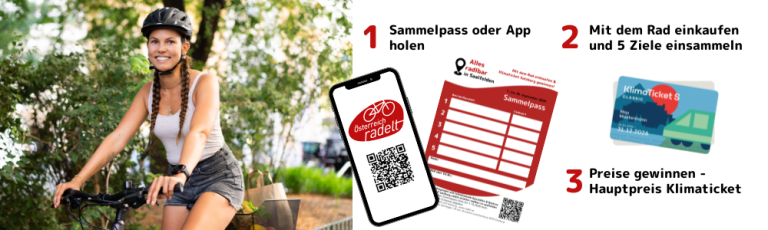Frau mit Fahrradhelm auf dem Rad neben Aktionsgrafik mit Sammelpass, App und Klimaticket-Preisen