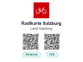 QR-Codes für die Radlkarte Salzburg mit Schaltflächen für Android und iOS