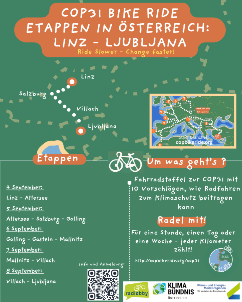 Plakat zur COP31 Bike Ride von Linz nach Ljubljana mit Etappen über Salzburg, Golling, Gastein und Villach